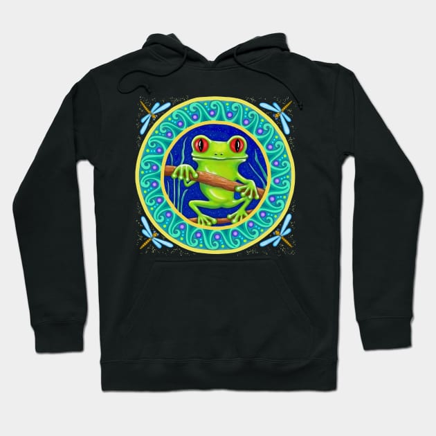 Little Green Tree Frog Mandala Hoodie by SoozieWray